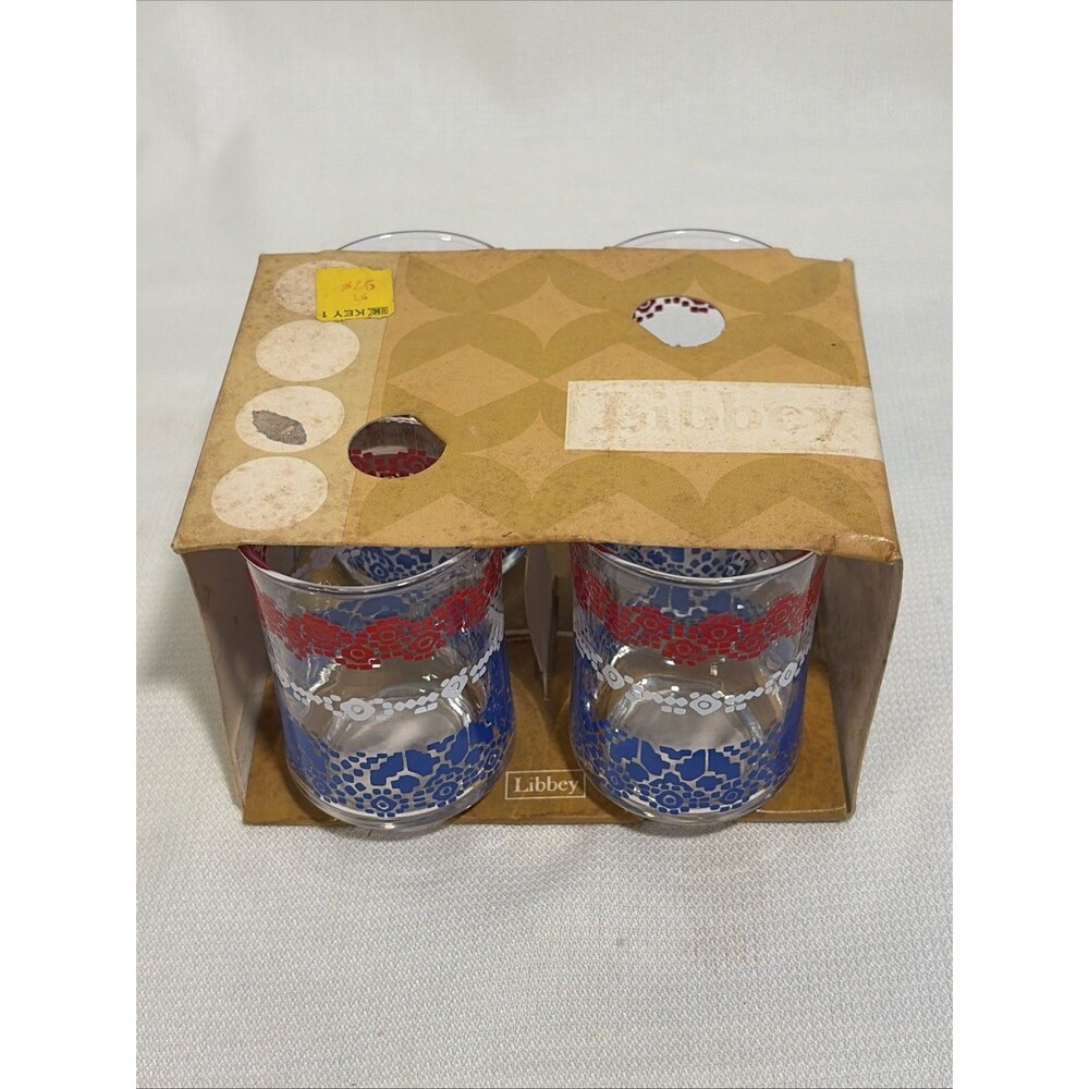 Vintage Libby Bolero Juice Glasses Set Of Four Original Packaging Red White Blue